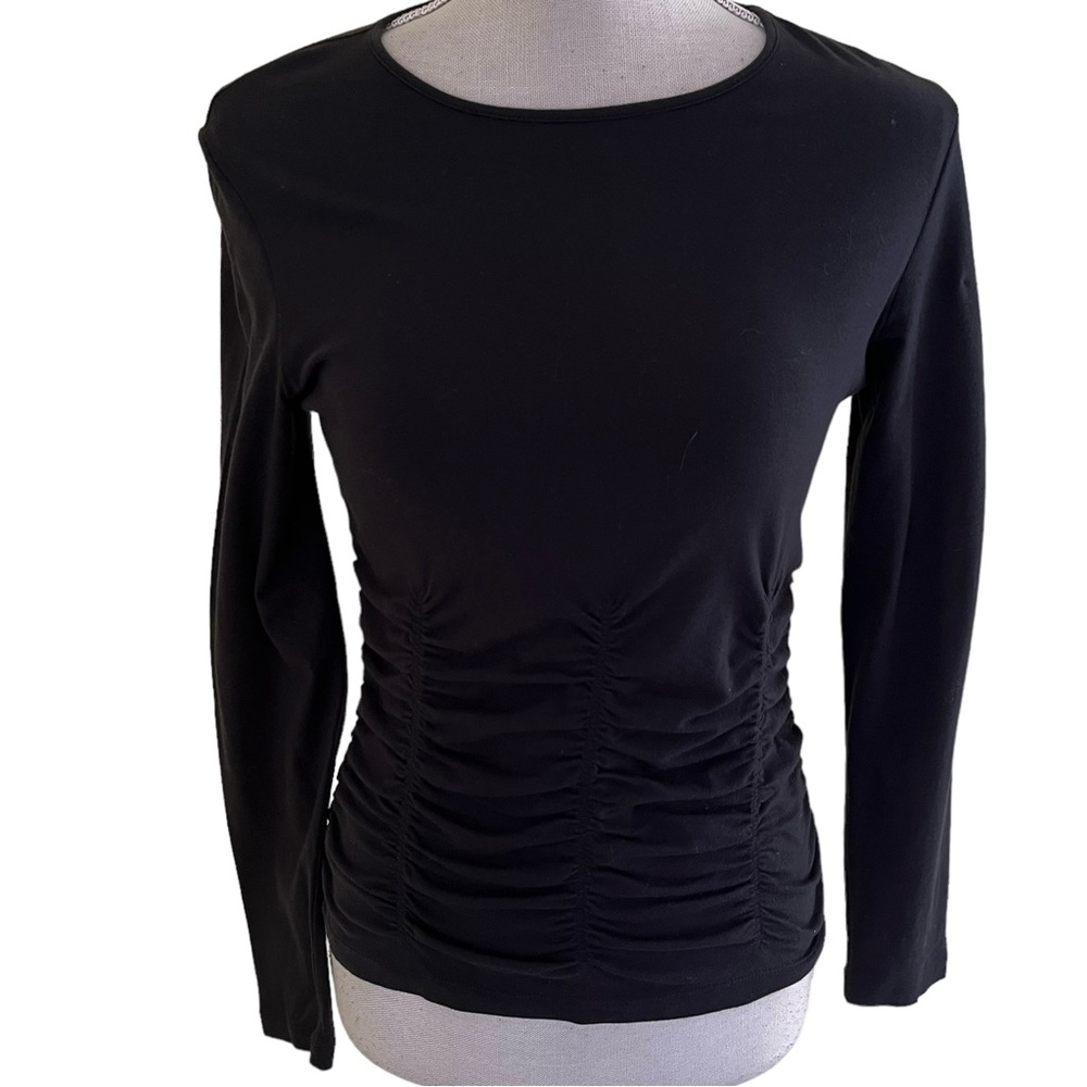 etcetera Black Cotton Spandex Scoop Neck Long Sleeve Ruched Tee S
